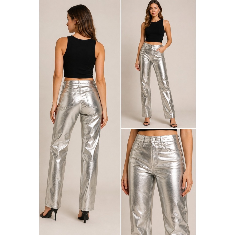 Gibson Latimer Women Silver Metallic Perfect Fit Wide Leg READ Pants Size 8